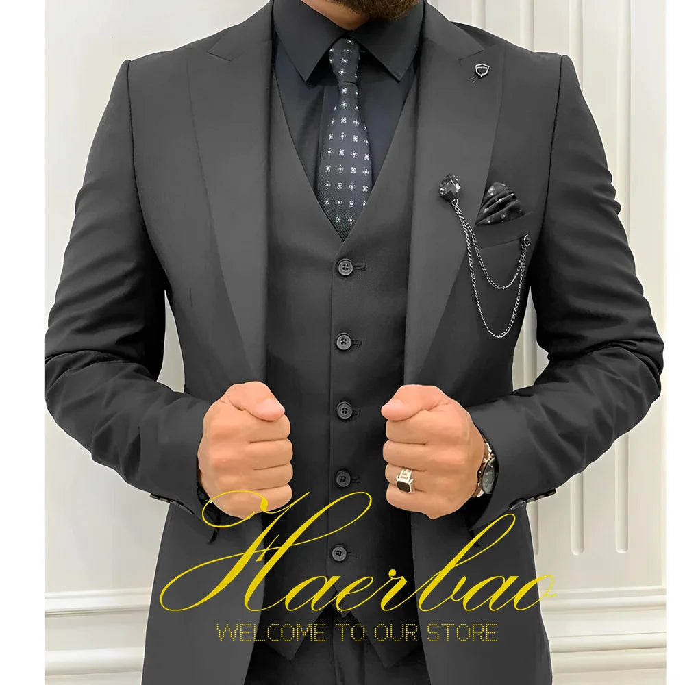 Wedding Tuxedos Men Suit Peak Lapel Terno Masculino Slim Fit Groom Prom Man Blazer Custom 3 Pieces Jacket Pant Vest Dark green