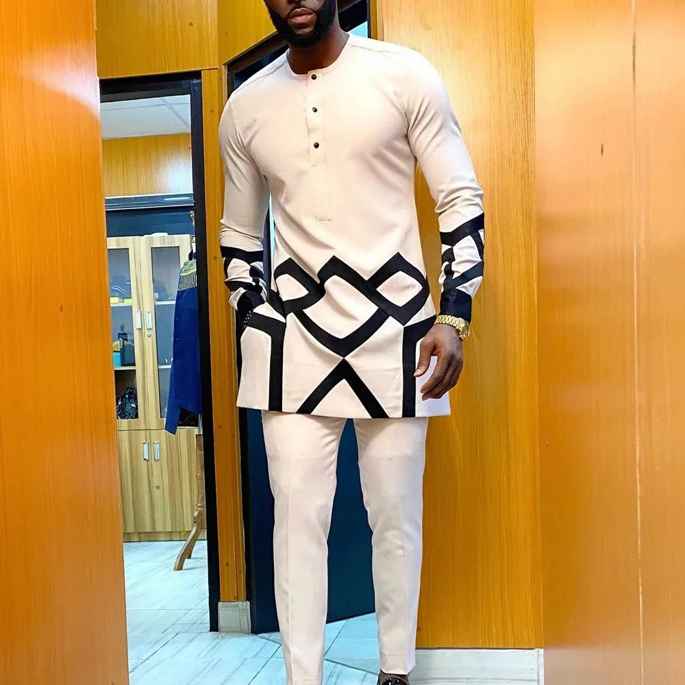 Wedding Suit For Men White Embroidered Pocket Top Pants Ensemble Homme African Traditional Casual Wear 2Pcs Sets Kaftan Outfits