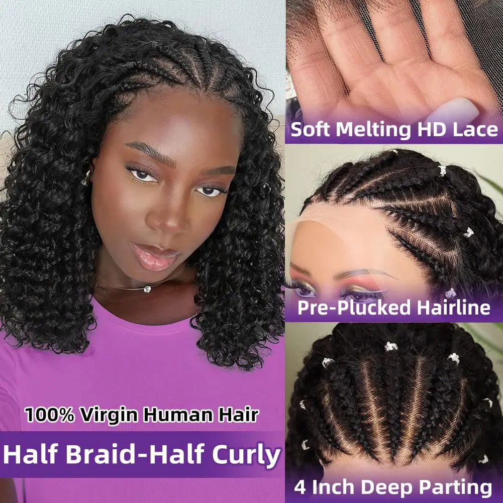 Short Curly Braided Wig Natural Black 220% Braided Cornrow Deep Curly Bob Wigs 13x4 Lace Front Wigs Human Hair For Black Women