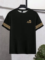 T Shirt for Man Men's Black and Golden Casual T-shirt Printed with "King" Crown + Arm Pattern Clothing Light Luxury Personality