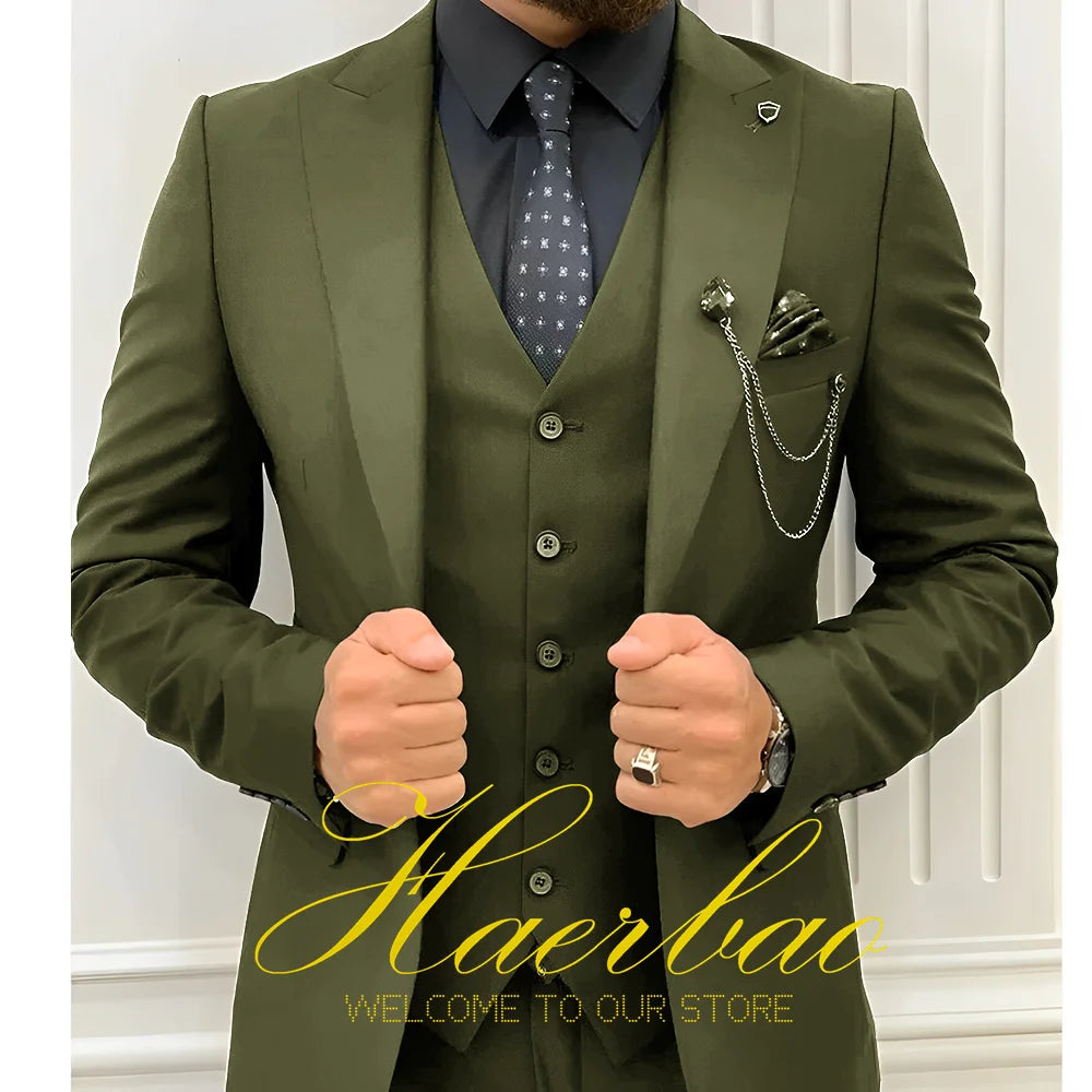 Wedding Tuxedos Men Suit Peak Lapel Terno Masculino Slim Fit Groom Prom Man Blazer Custom 3 Pieces Jacket Pant Vest Dark green
