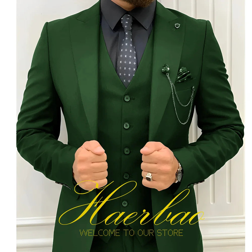 Wedding Tuxedos Men Suit Peak Lapel Terno Masculino Slim Fit Groom Prom Man Blazer Custom 3 Pieces Jacket Pant Vest Dark green