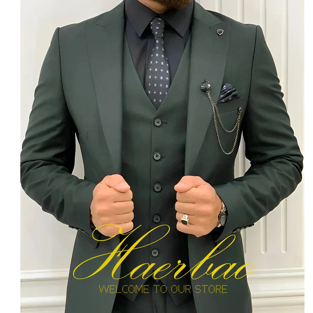 Wedding Tuxedos Men Suit Peak Lapel Terno Masculino Slim Fit Groom Prom Man Blazer Custom 3 Pieces Jacket Pant Vest Dark green
