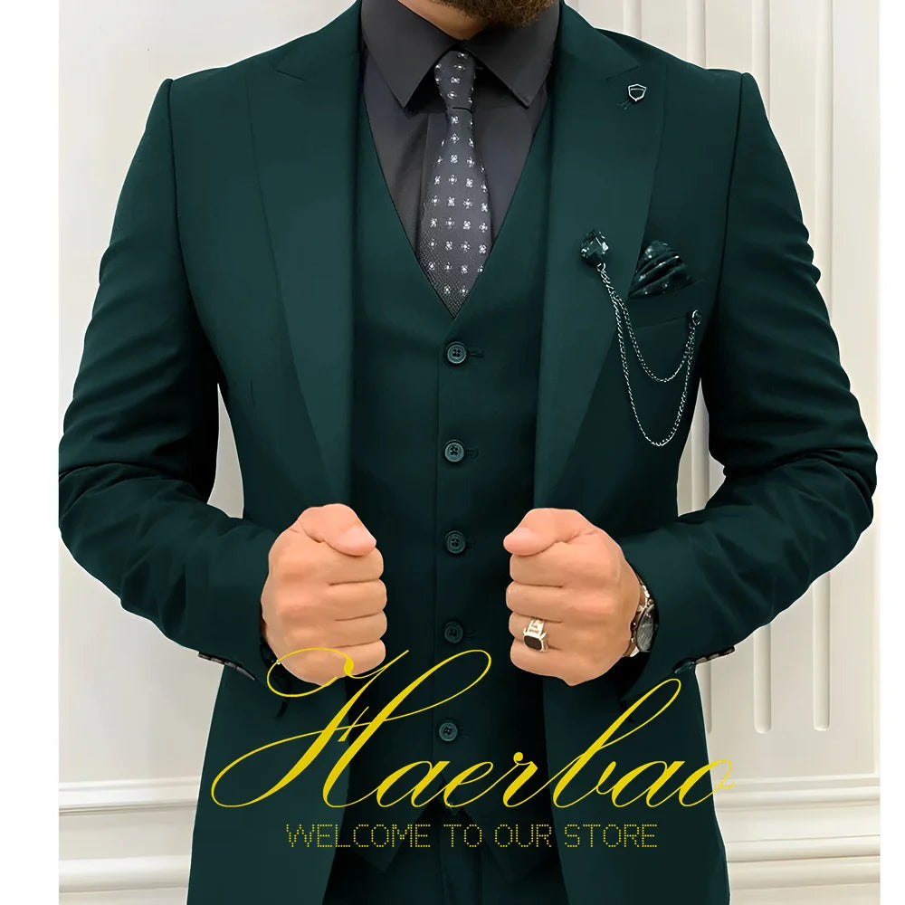 Wedding Tuxedos Men Suit Peak Lapel Terno Masculino Slim Fit Groom Prom Man Blazer Custom 3 Pieces Jacket Pant Vest Dark green