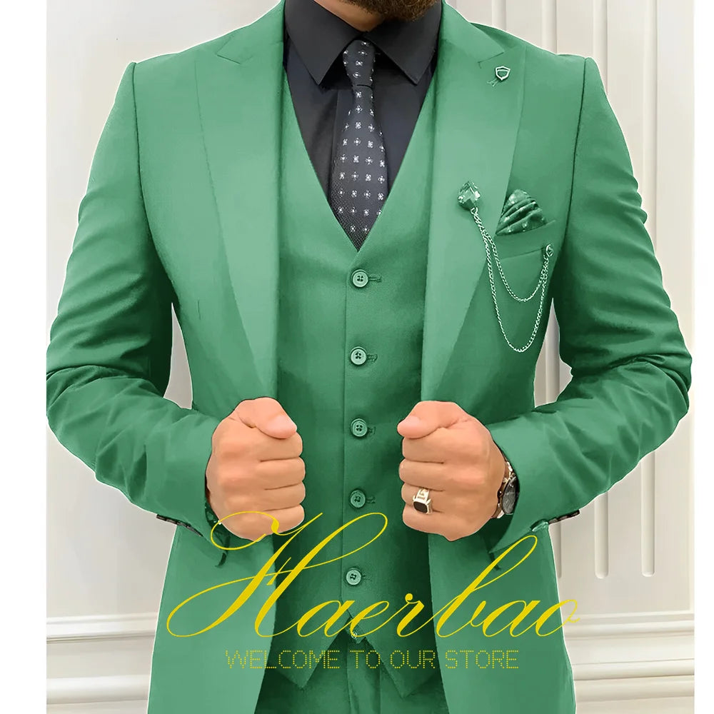 Wedding Tuxedos Men Suit Peak Lapel Terno Masculino Slim Fit Groom Prom Man Blazer Custom 3 Pieces Jacket Pant Vest Dark green