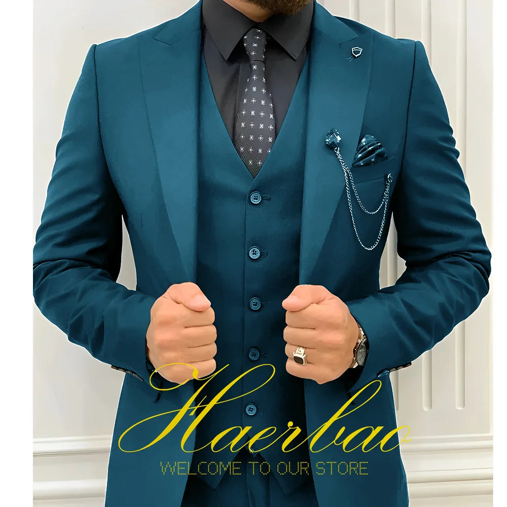Wedding Tuxedos Men Suit Peak Lapel Terno Masculino Slim Fit Groom Prom Man Blazer Custom 3 Pieces Jacket Pant Vest Dark green