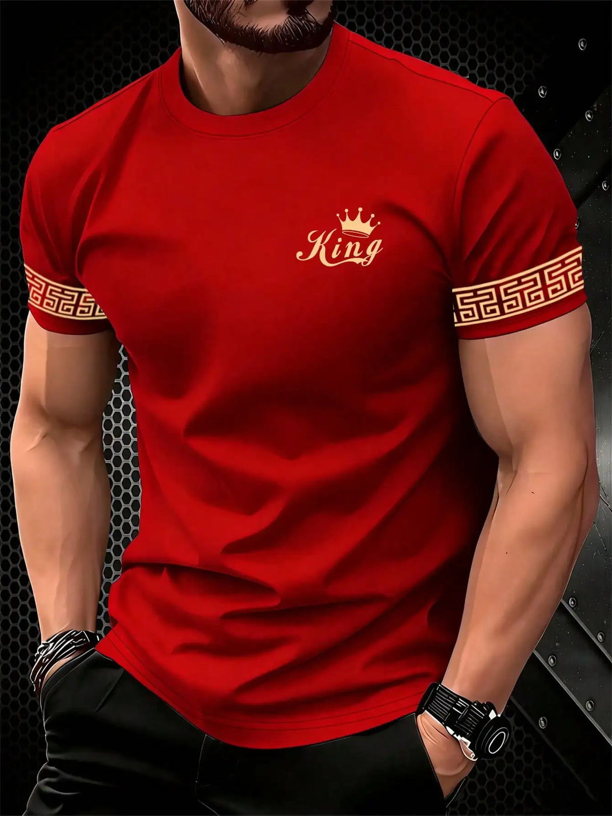 T Shirt for Man Men's Black and Golden Casual T-shirt Printed with "King" Crown + Arm Pattern Clothing Light Luxury Personality
