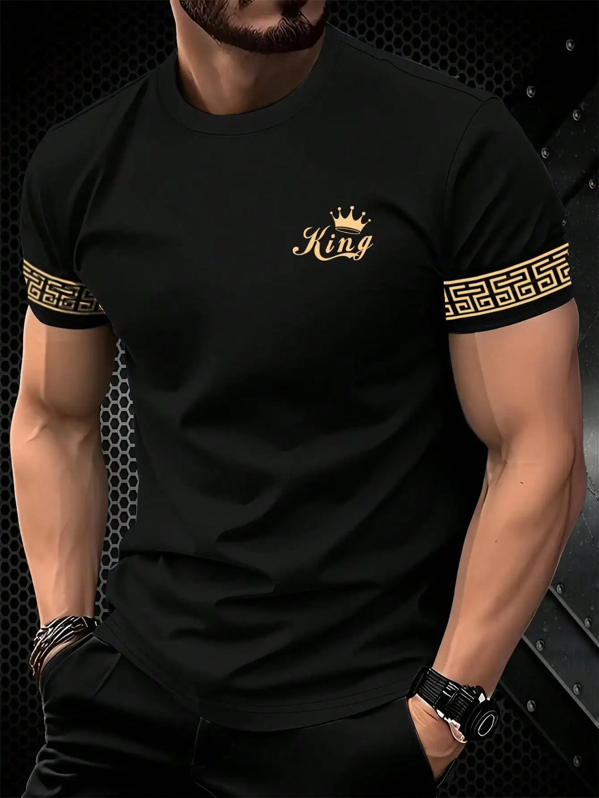 T Shirt for Man Men's Black and Golden Casual T-shirt Printed with "King" Crown + Arm Pattern Clothing Light Luxury Personality