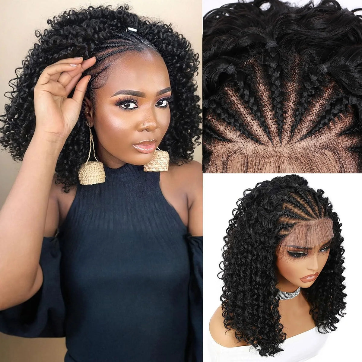 Short Curly Braided Wig Natural Black 220% Braided Cornrow Deep Curly Bob Wigs 13x4 Lace Front Wigs Human Hair For Black Women