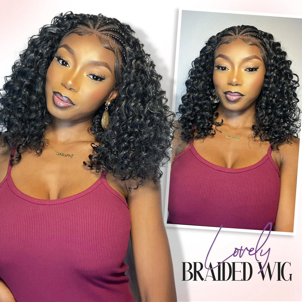 Short Curly Braided Wig Natural Black 220% Braided Cornrow Deep Curly Bob Wigs 13x4 Lace Front Wigs Human Hair For Black Women