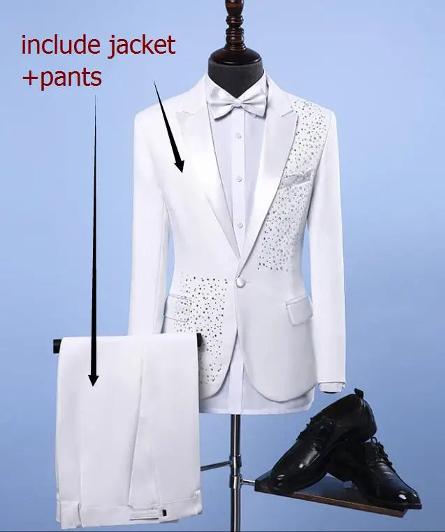 Adult Men's Suits stage Costume Wedding groom slim clothing Host Party Blazers Group musical performance Bar Crystals slim suit
