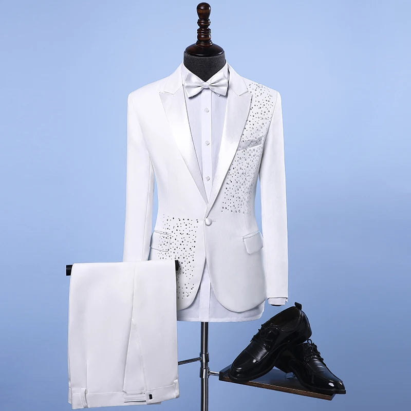 Adult Men's Suits stage Costume Wedding groom slim clothing Host Party Blazers Group musical performance Bar Crystals slim suit