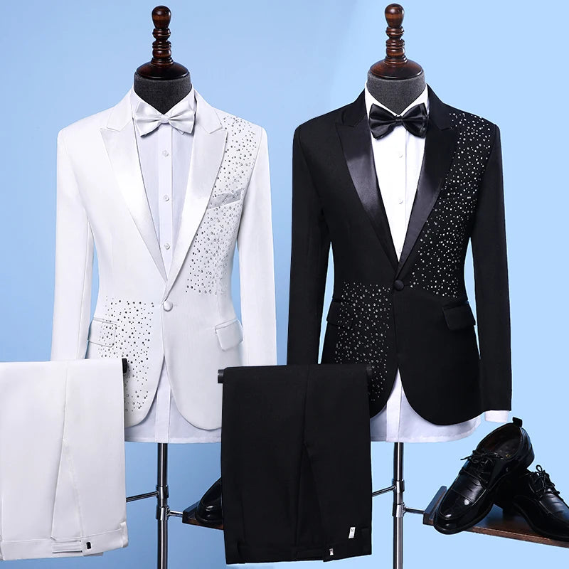 Adult Men's Suits stage Costume Wedding groom slim clothing Host Party Blazers Group musical performance Bar Crystals slim suit