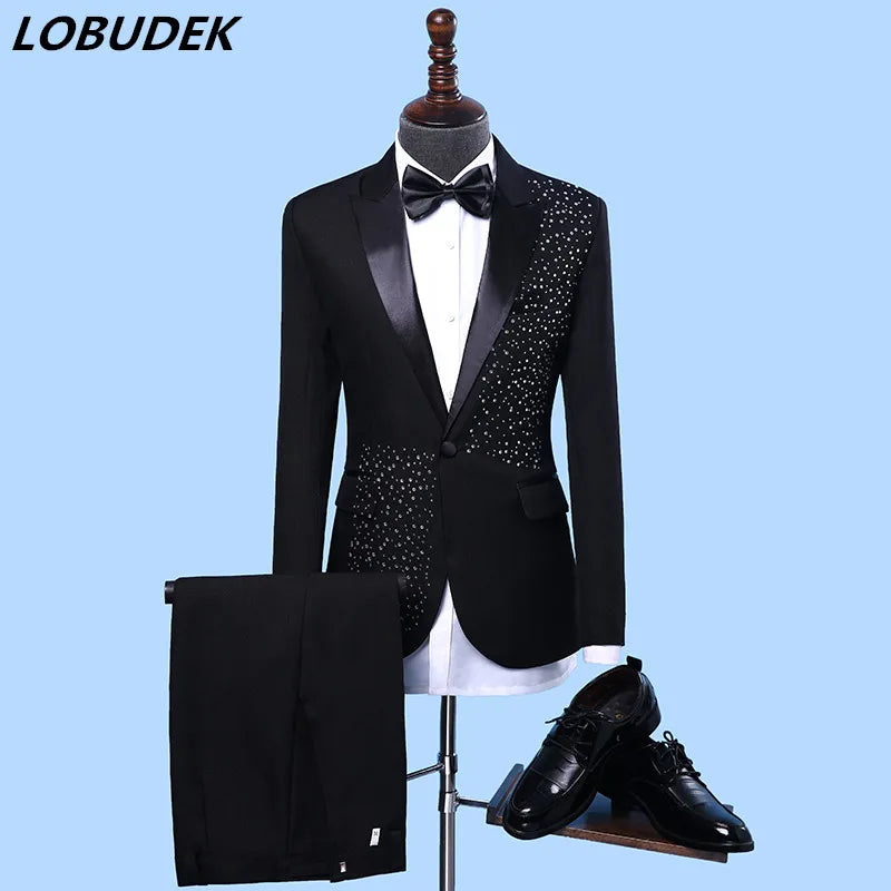 Adult Men's Suits stage Costume Wedding groom slim clothing Host Party Blazers Group musical performance Bar Crystals slim suit