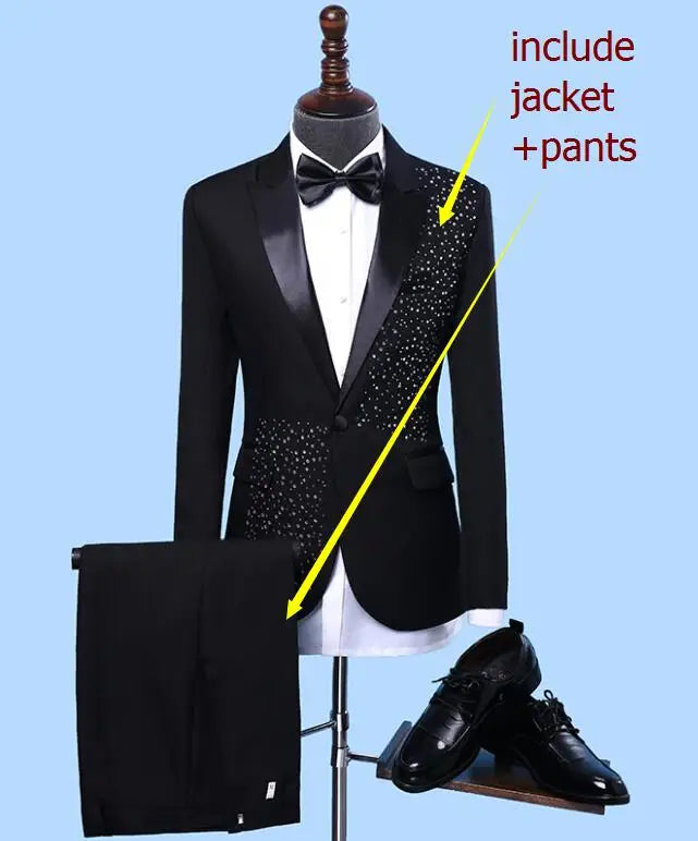 Adult Men's Suits stage Costume Wedding groom slim clothing Host Party Blazers Group musical performance Bar Crystals slim suit