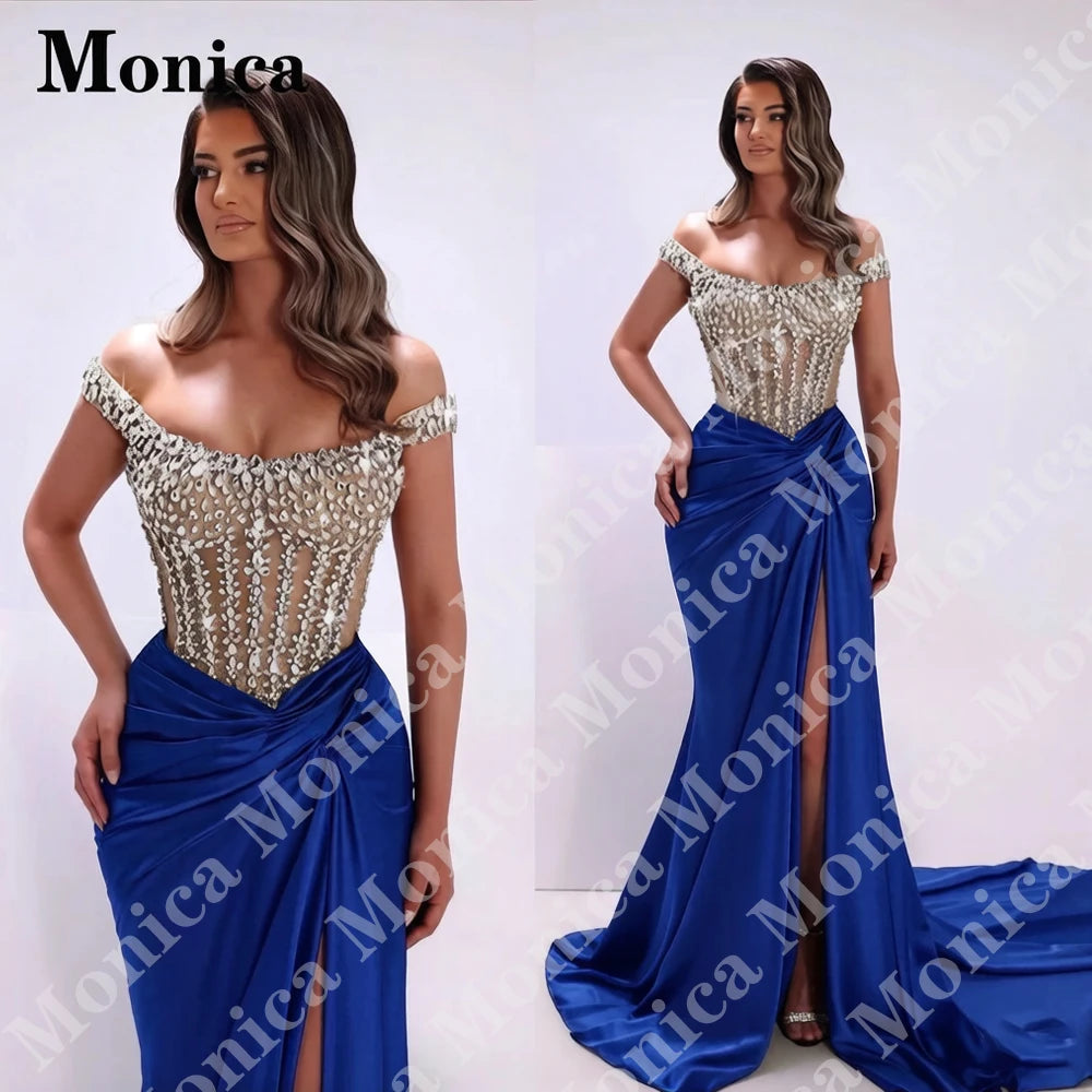 MONICA Charming Off the Shoulder Prom Dresses for Women Rhinestones Corset Slit Evening Gowns Vestidos De Fiesta Customized