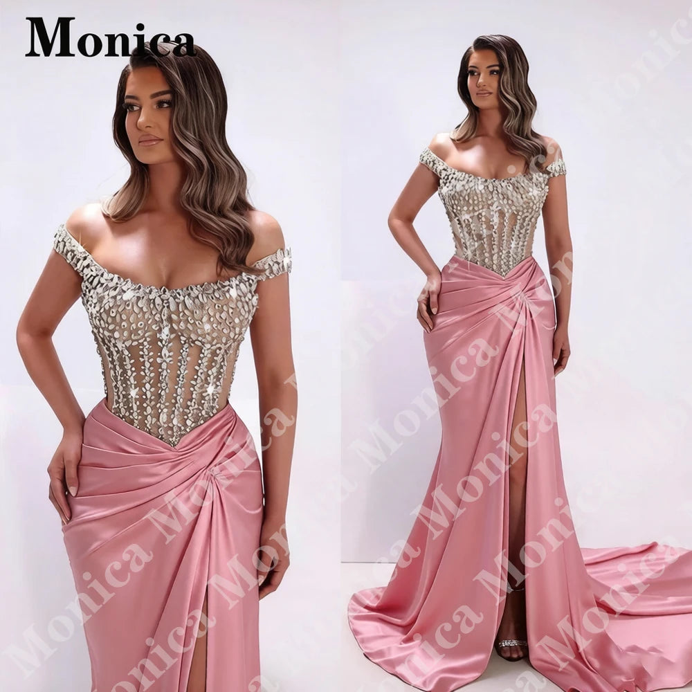 MONICA Charming Off the Shoulder Prom Dresses for Women Rhinestones Corset Slit Evening Gowns Vestidos De Fiesta Customized