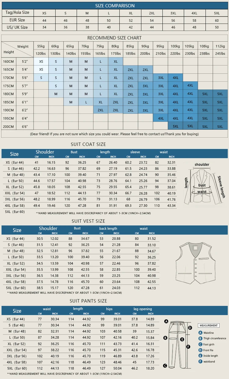 Elegant Man Suits High Quality 3 Piece (Jacket + Vest + Pants) Slim Fit Formal Office and Leisure Banquet Groom's Suit