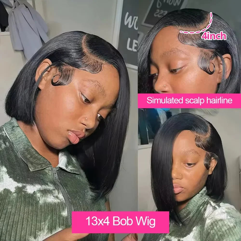 250% Density Glueless Bone Straight 13x6 Short Bob Half Lace Front Wig HD Frontal Braided Black Human Hair Wigs