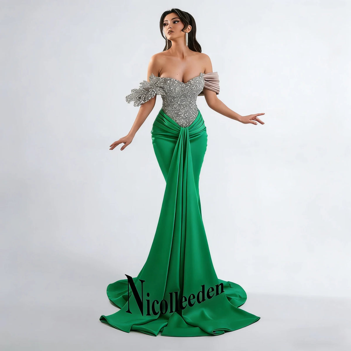 Nicolle Glittering Mermaid Evening Dresses for Women Rhinestones Pleated Ceremony Celebrity Dresses Vestidos De Noche Customized
