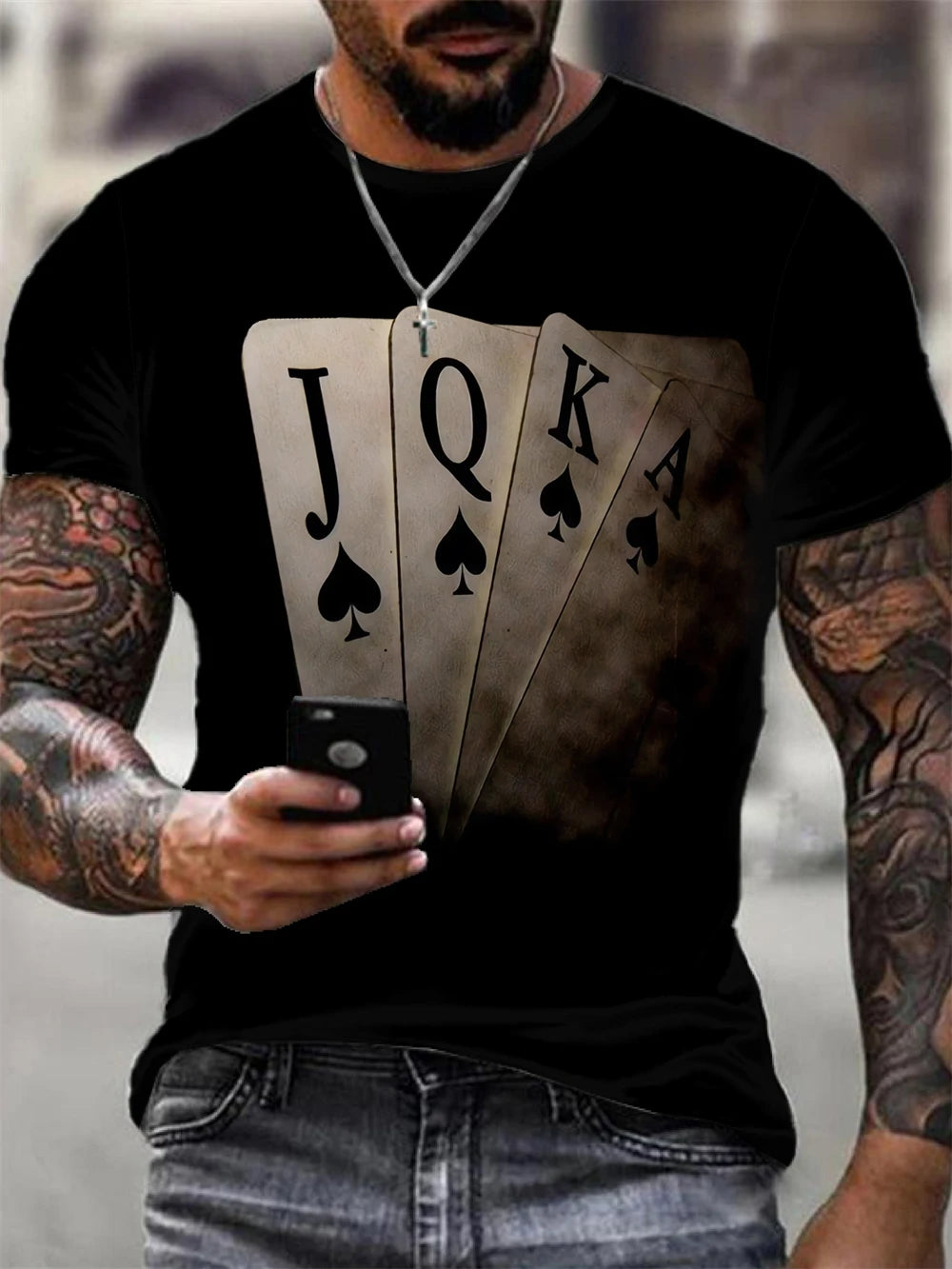 T Shirt for Man Men's Black and Golden Casual T-shirt Printed with "King" Crown + Arm Pattern Clothing Light Luxury Personality