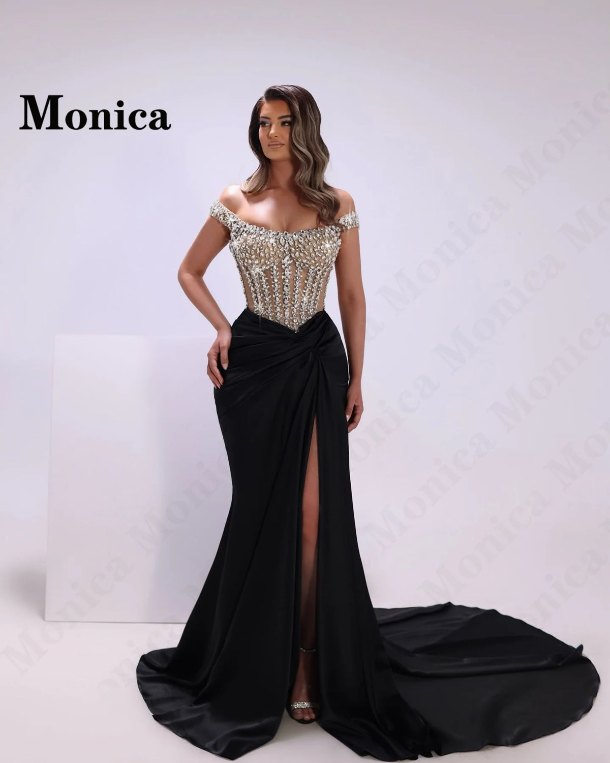 MONICA Charming Off the Shoulder Prom Dresses for Women Rhinestones Corset Slit Evening Gowns Vestidos De Fiesta Customized