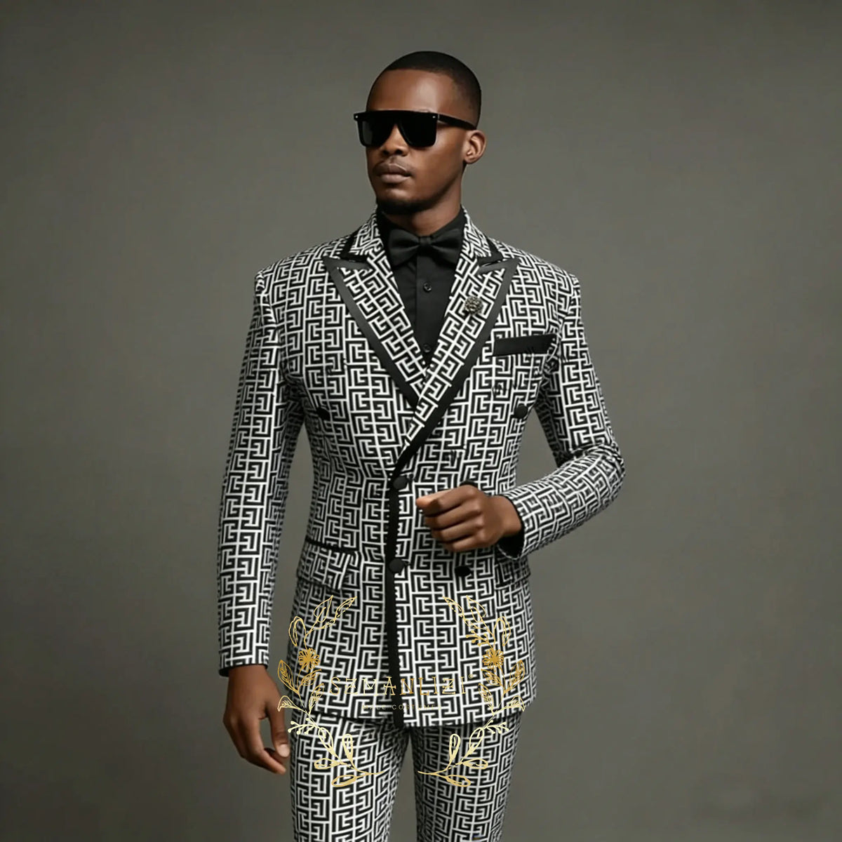 Men Suits 2 Piece Peaked Lapel Double Breasted Fashion Prom Suits Slim Fit Blazer Sets Brown Plaid Mens Wedding Wear Coat+Pant