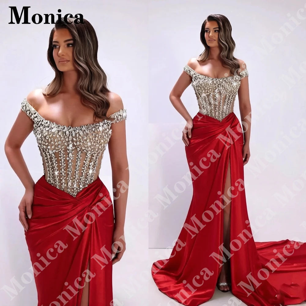 MONICA Charming Off the Shoulder Prom Dresses for Women Rhinestones Corset Slit Evening Gowns Vestidos De Fiesta Customized