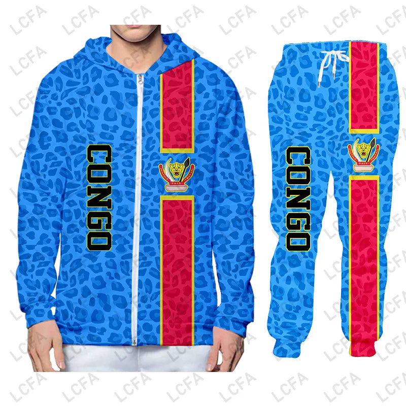 Congo Flag Hoodies Jacket Tracksuit Men 3D Printing Leopard Print National Emblem Shirt 2 Piece Set Oversize Clothes Sweat Suits