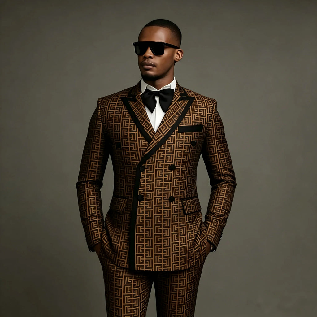 Men Suits 2 Piece Peaked Lapel Double Breasted Fashion Prom Suits Slim Fit Blazer Sets Brown Plaid Mens Wedding Wear Coat+Pant