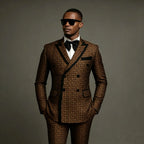 Men Suits 2 Piece Peaked Lapel Double Breasted Fashion Prom Suits Slim Fit Blazer Sets Brown Plaid Mens Wedding Wear Coat+Pant