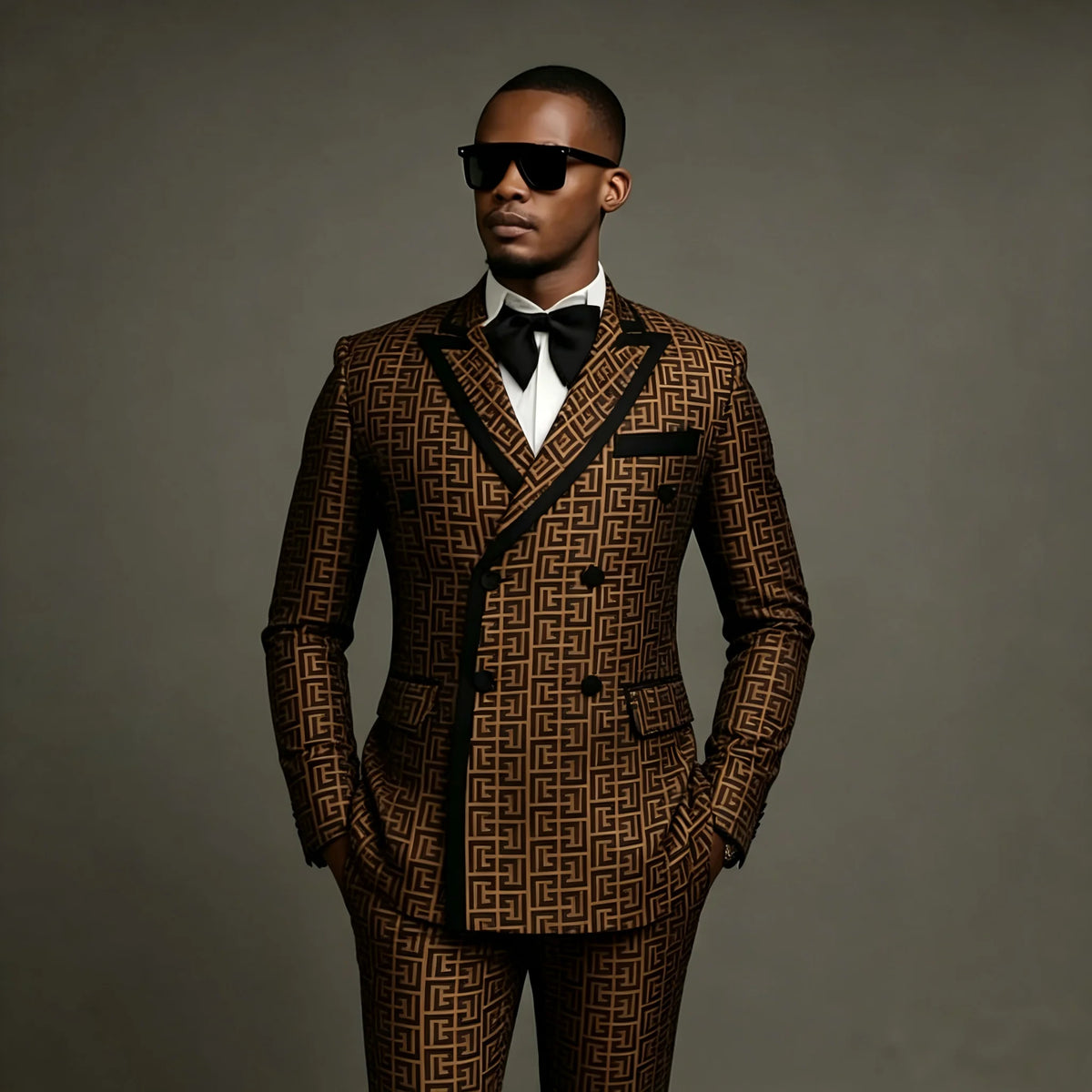 Men Suits 2 Piece Peaked Lapel Double Breasted Fashion Prom Suits Slim Fit Blazer Sets Brown Plaid Mens Wedding Wear Coat+Pant