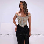 Luxury Special Occasion Dresses Satin Mermaid/Trumpet Valentine's Day Dress Black Off-the-shoulder Rhinestones Prom Dresses Long