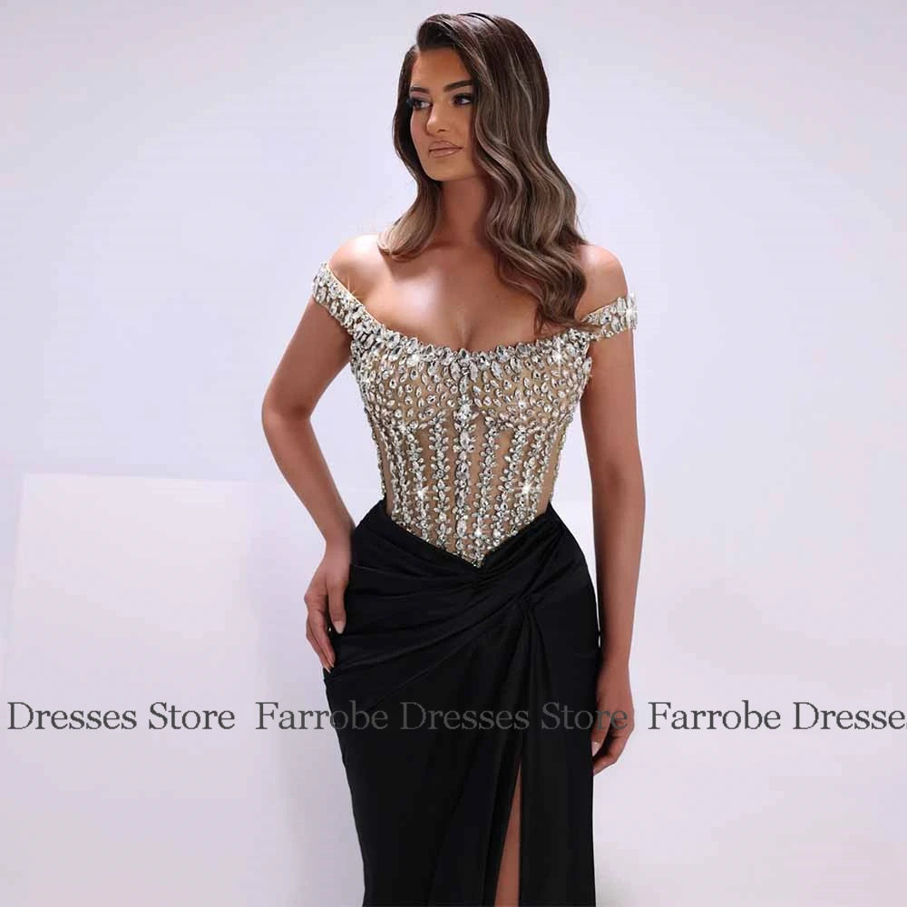 Luxury Special Occasion Dresses Satin Mermaid/Trumpet Valentine's Day Dress Black Off-the-shoulder Rhinestones Prom Dresses Long
