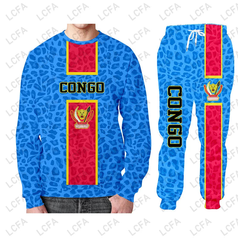 Congo Flag Hoodies Jacket Tracksuit Men 3D Printing Leopard Print National Emblem Shirt 2 Piece Set Oversize Clothes Sweat Suits