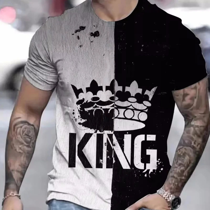 T Shirt for Man Men's Black and Golden Casual T-shirt Printed with "King" Crown + Arm Pattern Clothing Light Luxury Personality