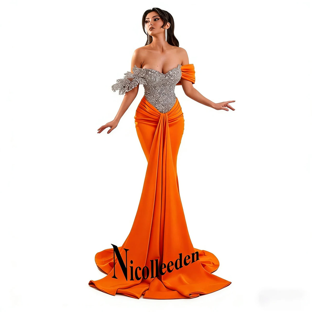 Nicolle Glittering Mermaid Evening Dresses for Women Rhinestones Pleated Ceremony Celebrity Dresses Vestidos De Noche Customized