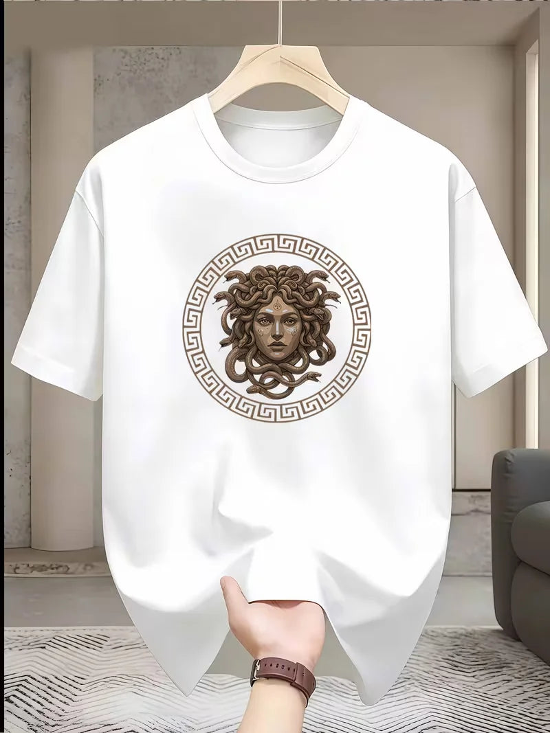 Men's Casual Trendy Medusa Head Greek Key Pattern T-Shirt, Men's Fashion, Adult Male, Daily Wear