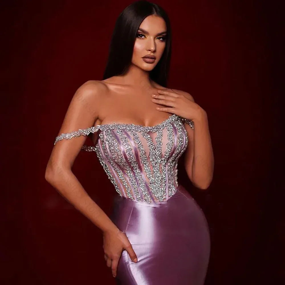 Off The Shoulder Mermaid Evening Dress Short Sleeve Shiny Beads New Elegant Formal Dress for Women