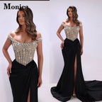 MONICA Charming Off the Shoulder Prom Dresses for Women Rhinestones Corset Slit Evening Gowns Vestidos De Fiesta Customized