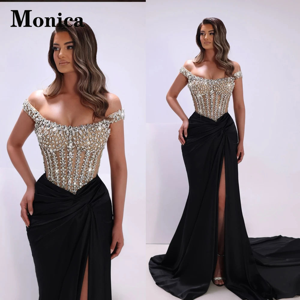 MONICA Charming Off the Shoulder Prom Dresses for Women Rhinestones Corset Slit Evening Gowns Vestidos De Fiesta Customized