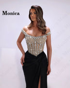 MONICA Charming Off the Shoulder Prom Dresses for Women Rhinestones Corset Slit Evening Gowns Vestidos De Fiesta Customized