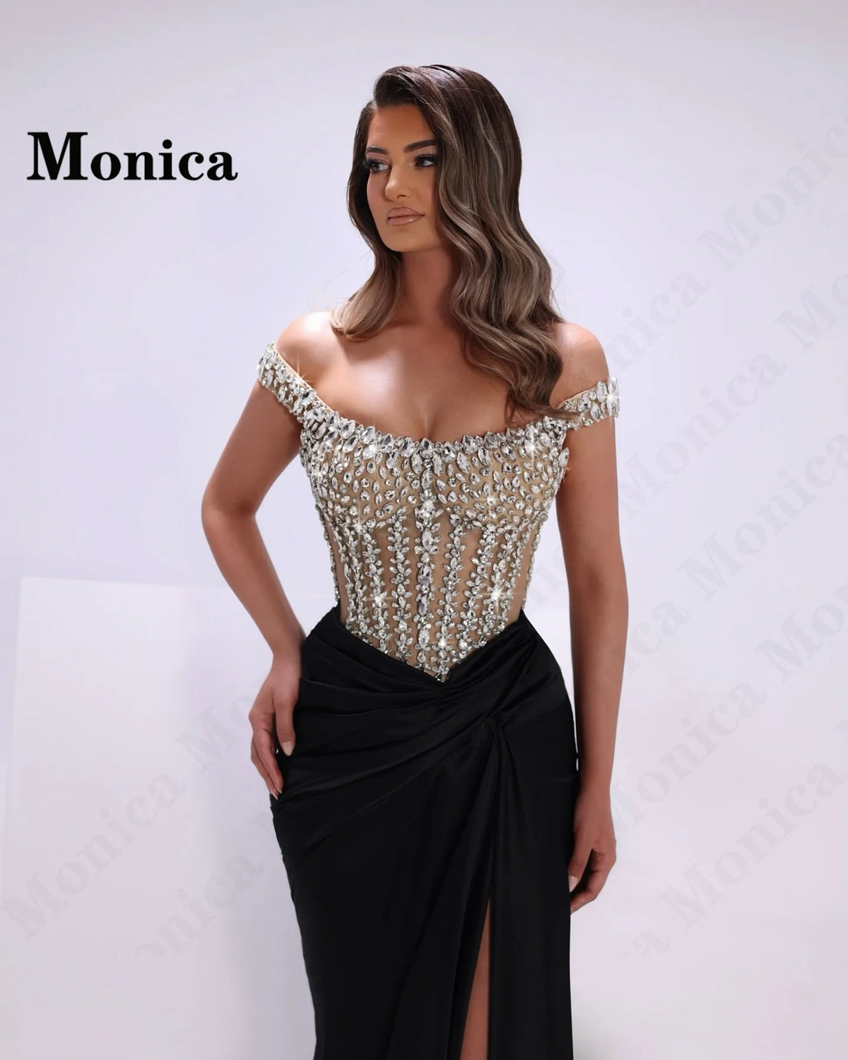 MONICA Charming Off the Shoulder Prom Dresses for Women Rhinestones Corset Slit Evening Gowns Vestidos De Fiesta Customized