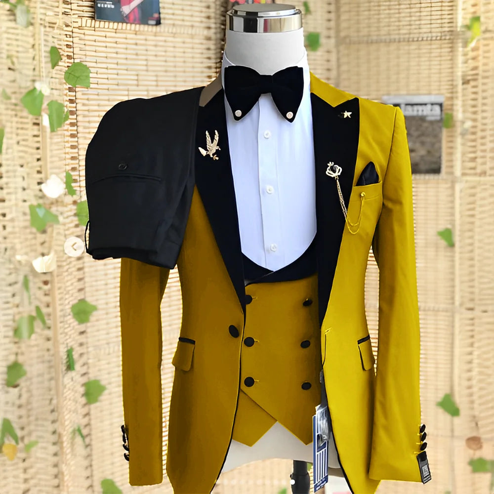 Wedding Men's 3-piece Suit Set (Jacket Pants Vest) Groom Tuxedo Formal Blazer Elegant Suit for Men