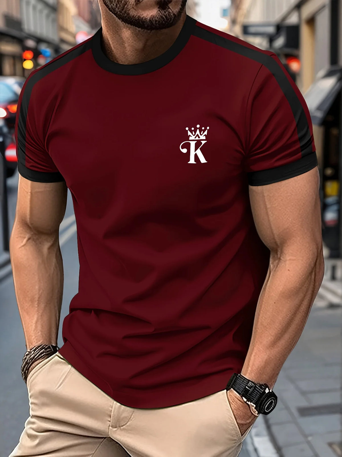 T Shirt for Man Men's Black and Golden Casual T-shirt Printed with "King" Crown + Arm Pattern Clothing Light Luxury Personality