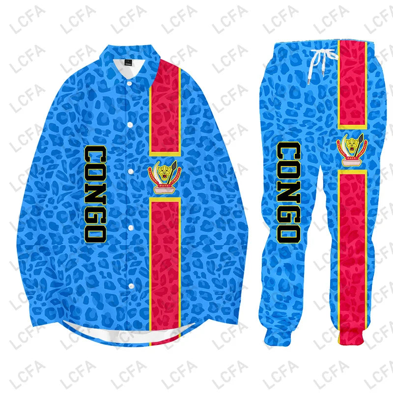 Congo Flag Hoodies Jacket Tracksuit Men 3D Printing Leopard Print National Emblem Shirt 2 Piece Set Oversize Clothes Sweat Suits
