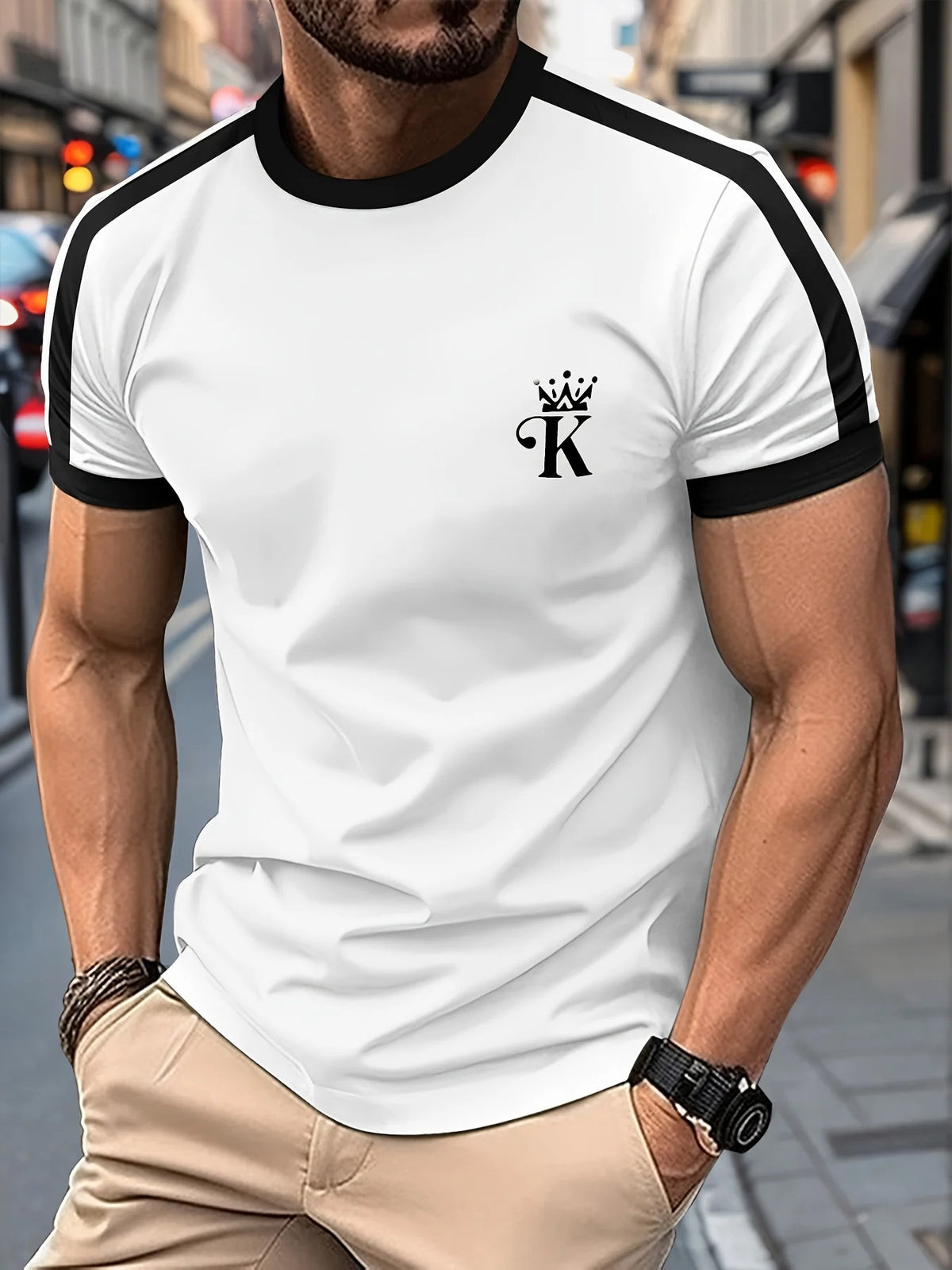 T Shirt for Man Men's Black and Golden Casual T-shirt Printed with "King" Crown + Arm Pattern Clothing Light Luxury Personality