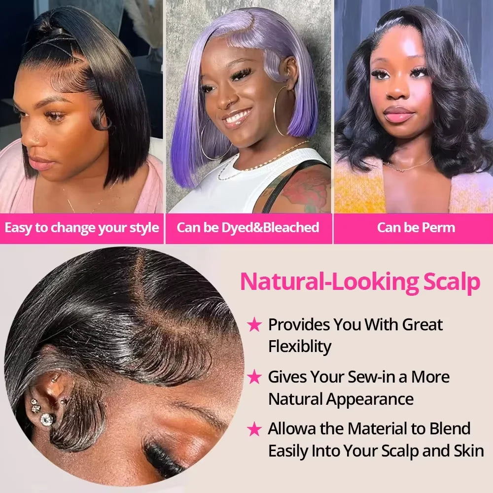 250% Density Glueless Bone Straight 13x6 Short Bob Half Lace Front Wig HD Frontal Braided Black Human Hair Wigs