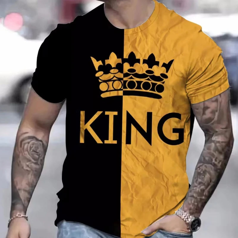 T Shirt for Man Men's Black and Golden Casual T-shirt Printed with "King" Crown + Arm Pattern Clothing Light Luxury Personality