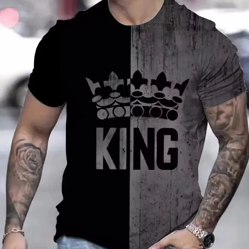 T Shirt for Man Men's Black and Golden Casual T-shirt Printed with "King" Crown + Arm Pattern Clothing Light Luxury Personality